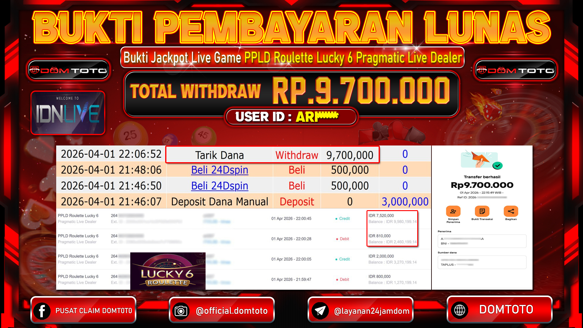 JACKPOT LIVEGAMES PPLD Roulette Lucky 6 Pragmatic Live Dealer 01 APRIL 2026